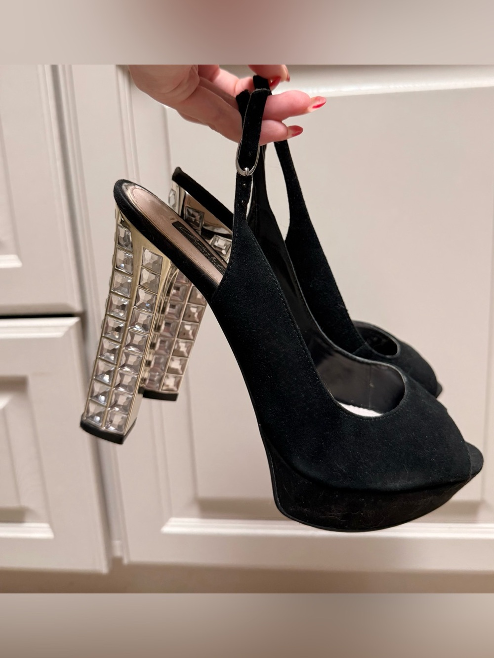 Charles & Keith Black Peep-Toe Slingback Heels with Crystal Block Heel